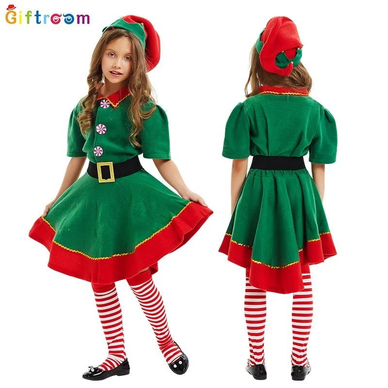 Non-Toxic Children Christmas Elf Costumes Santa Claus Suit Festival Adult Family Halloween Cosplay Sets Green Elves Clothes
