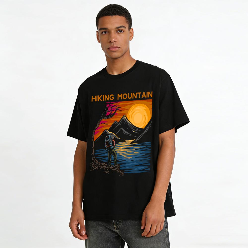 Hiking Mountain Print Casual T-Shirt Outdoor Hiking Themed Top For Men Women Pure Cotton T-shirt