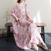 Real summer new thin cotton and linen round neck short sleeve pink bohemian medium and long foreign trade dress women