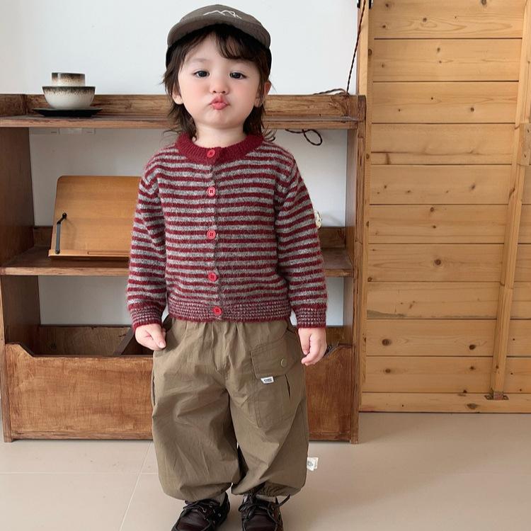 Baby Autumn Striped Knitted Cardigan Korean Children'S Retro Burgundy Crew Neck Sweater Men'S And Women'S Treasure Spring And Autumn Coat