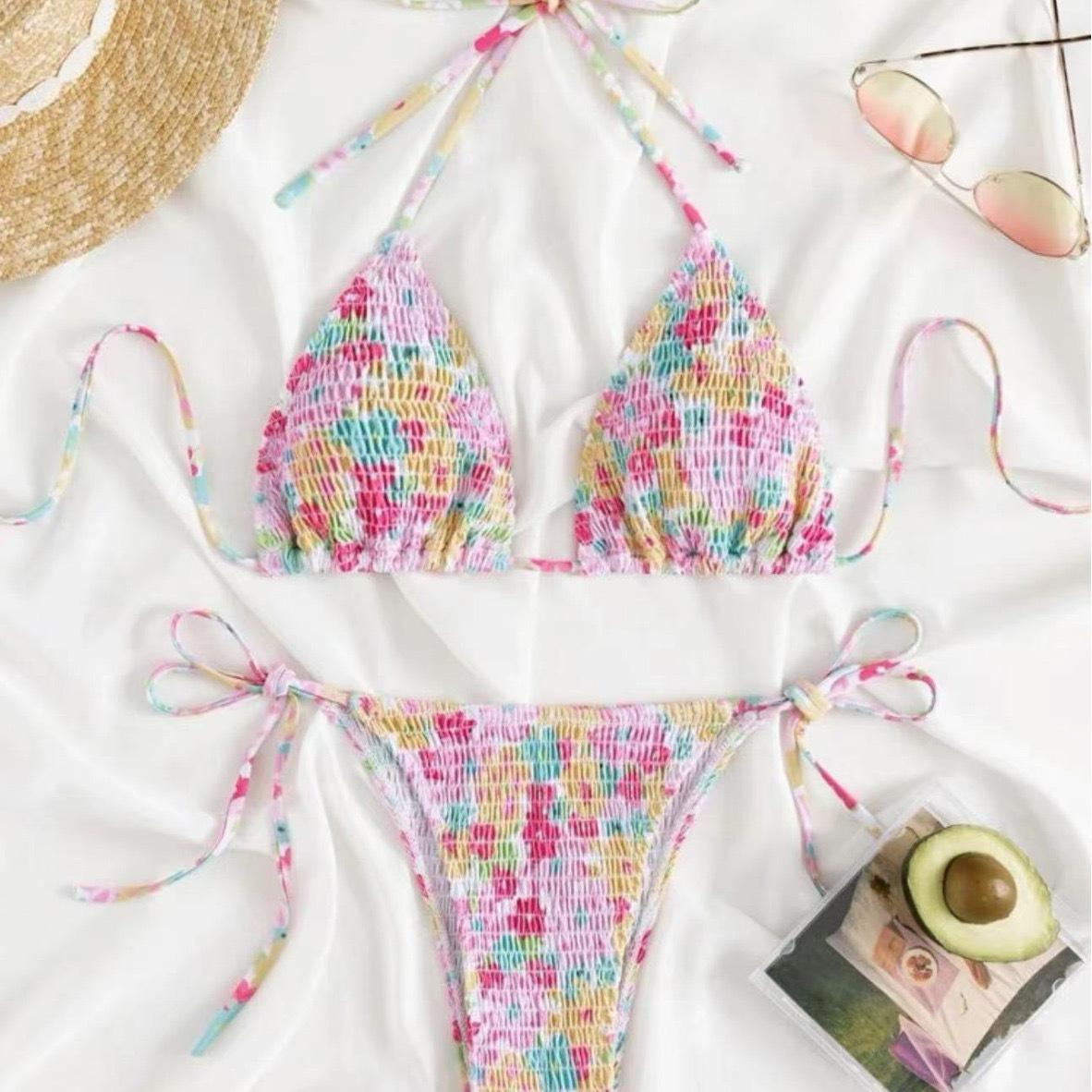 

Small floral fresh color print pleated bikini soft cup small chest gathering hot spring seaside vacation swimsuit women S