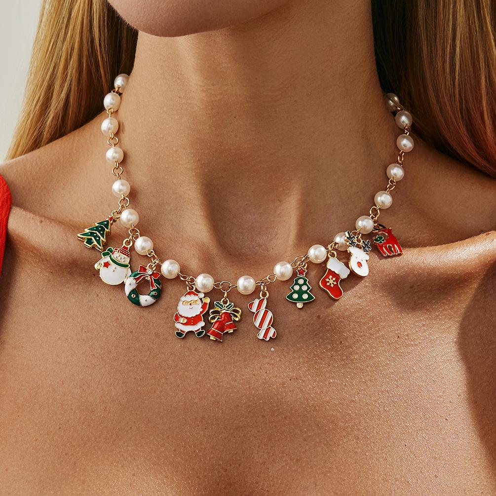 Ingemark Boho Imitation Pearls Snowman Christmas Tree Elk Pendant Choker Necklace  Women Trendy Metal Chain Christmas Jewelry