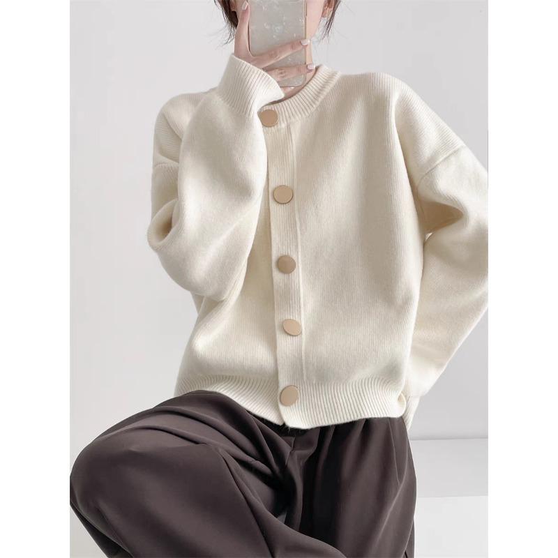 Autumn Winter Round Neck Solid Color Simple Knitting Outwear Women Casual Fashion Cardigan Coat Button Top