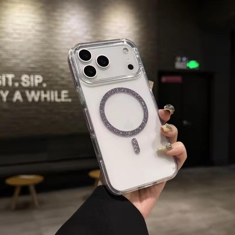 Luxury Glitter Bling For Magsafe Wireless Charge Circle Phone Case For iPhone11 12 13 14 15 16 17 Pro Max Plus 16e Clear Cover