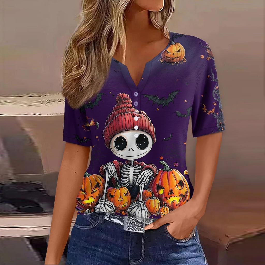Women's T Shirt Tee Halloween Printed Button Short Sleeve Tunic Daily Weekend Fashion Basic V- Neck Regular Top