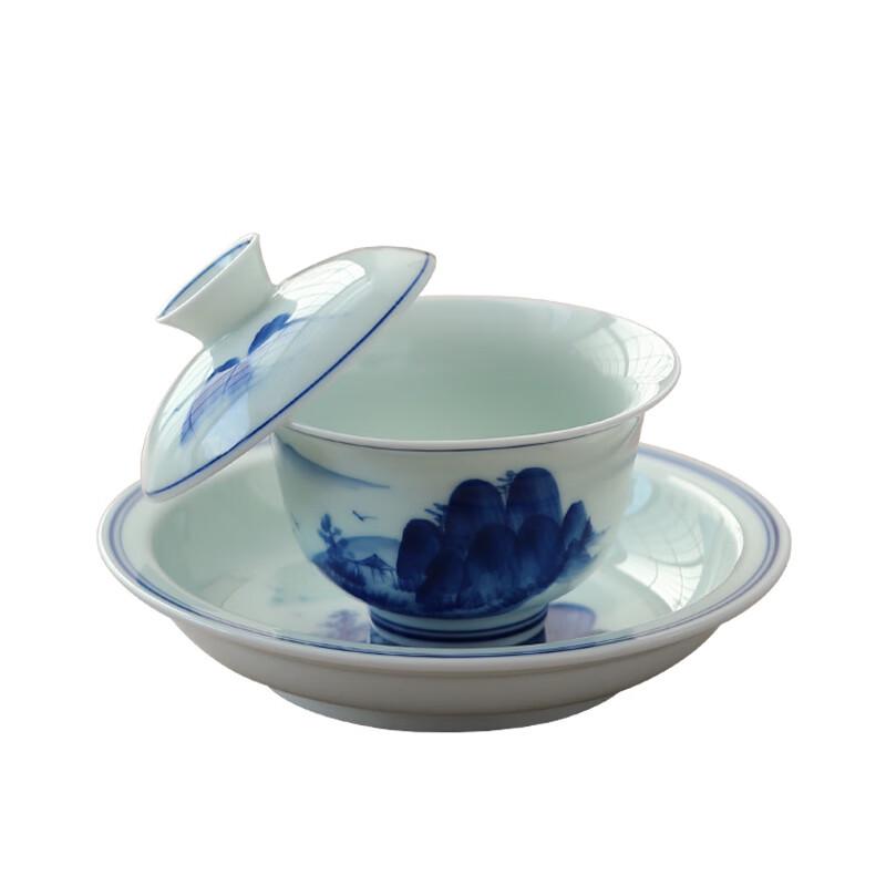 Lu Xu Ju Underglaze Hand-Painted Blue and White Lotus Ceramic Gaiwan