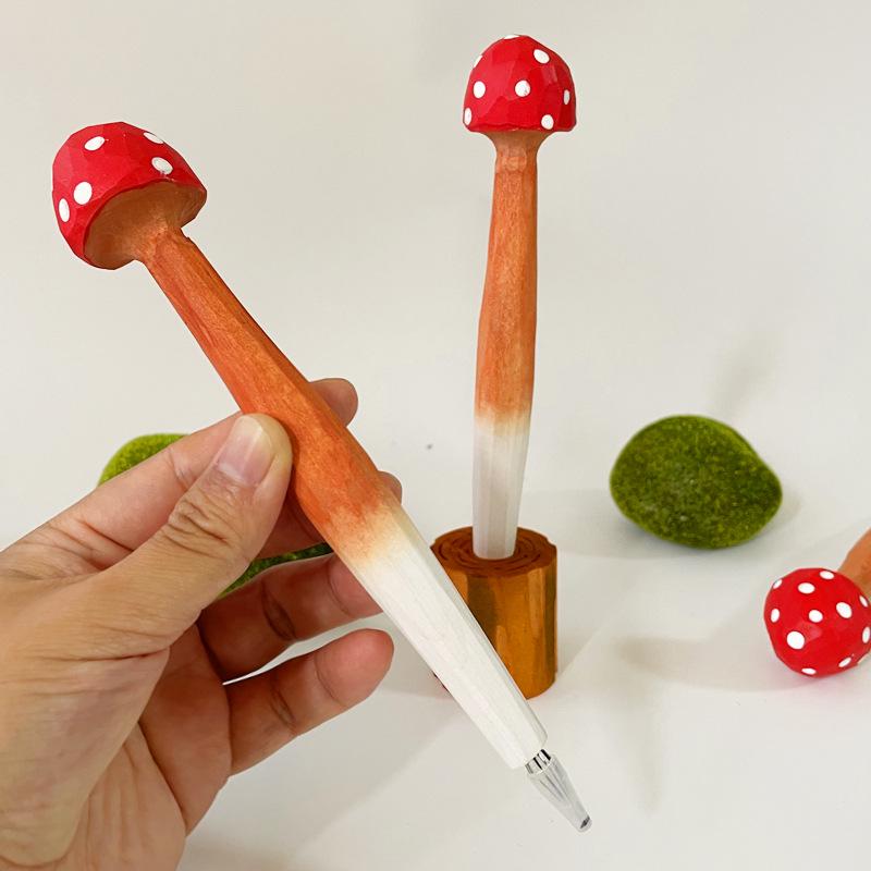 Cute Mushroom Handmade Wooden Carving Pen with Penholder - Creative Study Gift