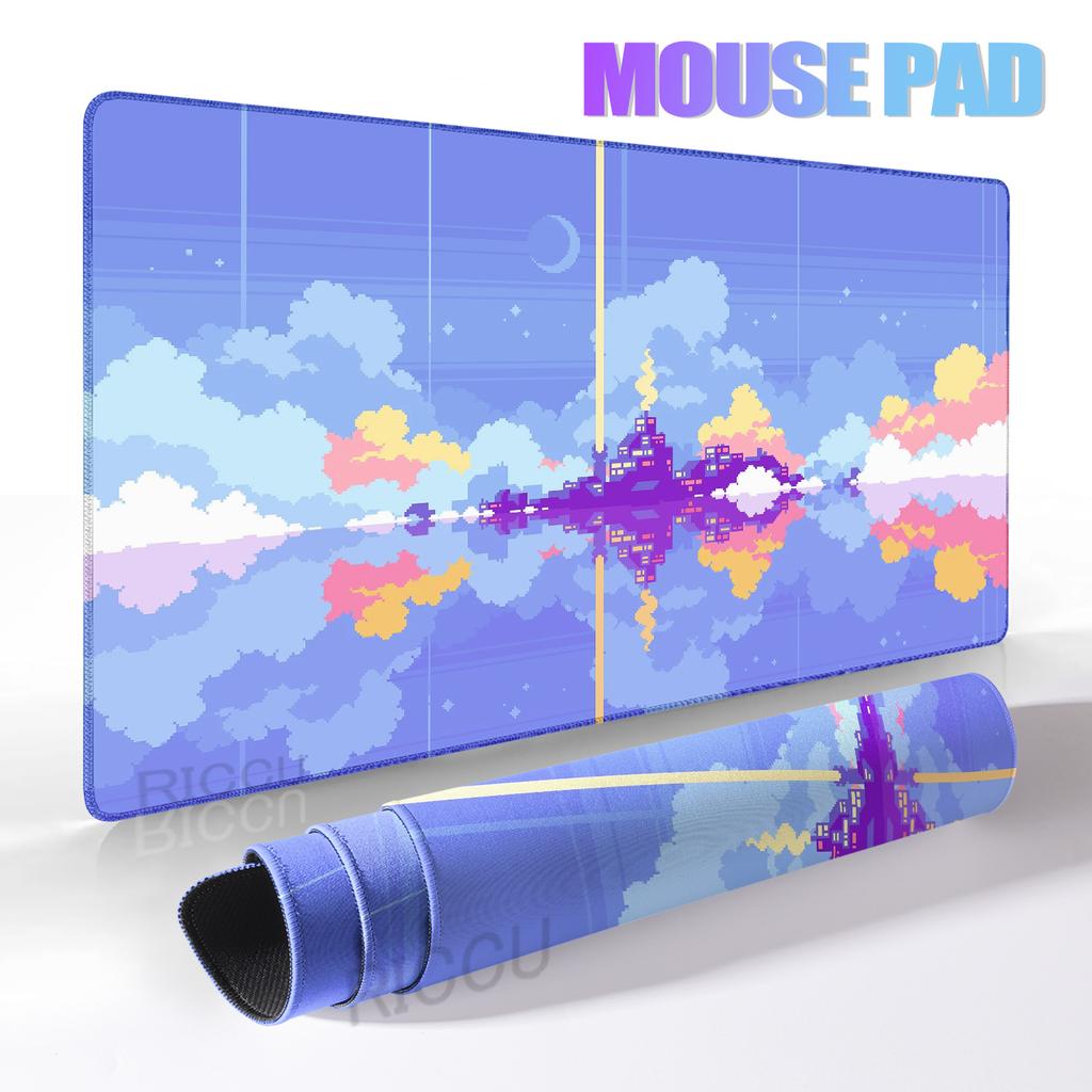 Pixel Art Cloudy Sky Mousepad Cute Mouse Pad Kawaii XXL E-Sports Desk Pad Extended Gaming Keyboard Mat Large Pink purple DeskMat
