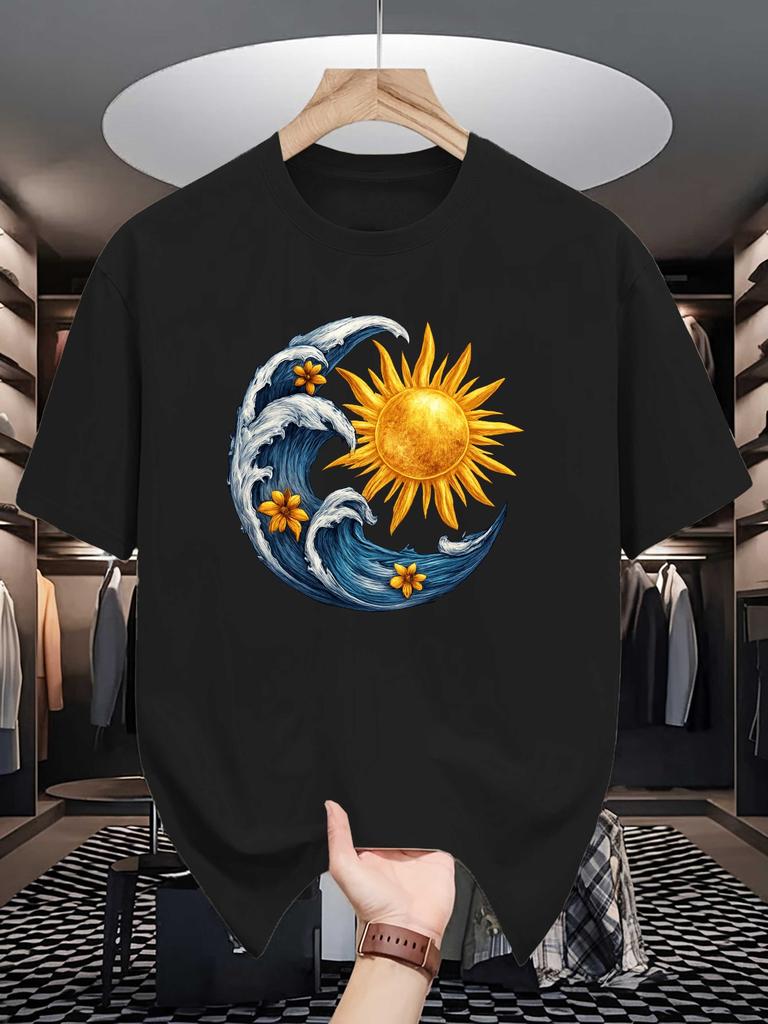 Unisex Crew Neck T Shirt Sun Moon Wave Floral Art Graphic Tees Short Sleeve Loose Fit Casual Unisexs Top For Outdoor Daily Street Wear