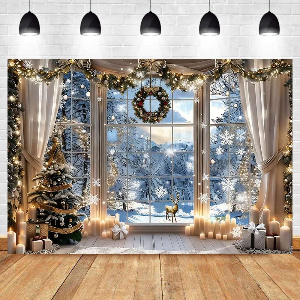 Christmas Elk Decoration 2025 Backgrounds For Photographs Window Curtains Christmas Tree Gift Box Family Party Portrait Backdrop
