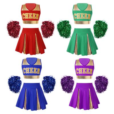 Cheerleading-Uniform für Mädchen, Kostüm-Outfit, Cosplay, Halloween-Kostüm, bauchfreies Top mit Rock und Handblumen