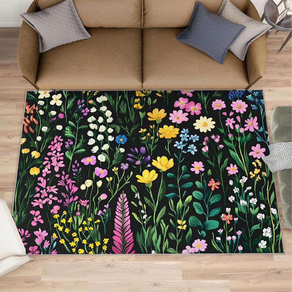 Vintage Boho Floral Area Rug Watercolor Wildflower Pattern Non-Slip Large Rug Spring Botanical Themed Floor Mat for Living Room
