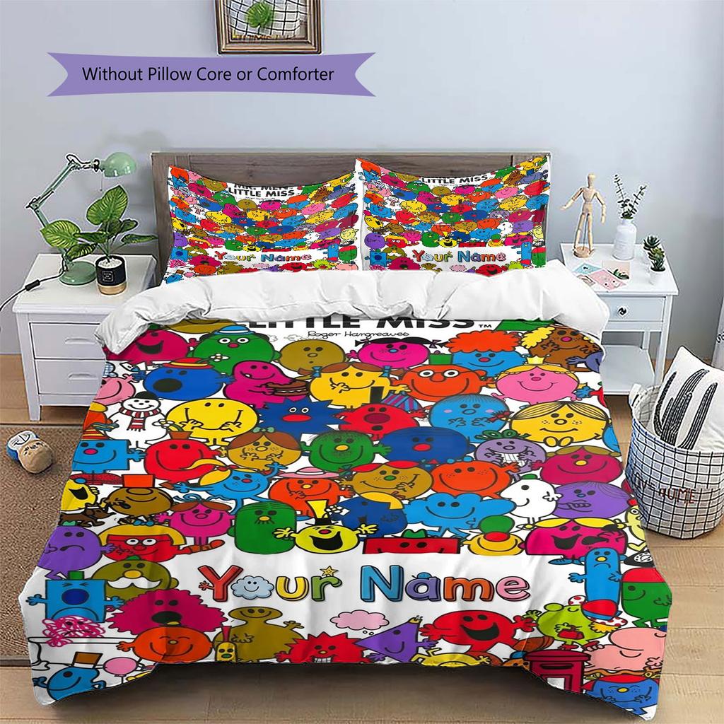 Mr. Men Little Miss Custom Name Pattern Bedding,Quilt Set Quilt Cover Pillowcase Home Birthday Gift(1 * duvet cover + 2 * pillowcase, without core)