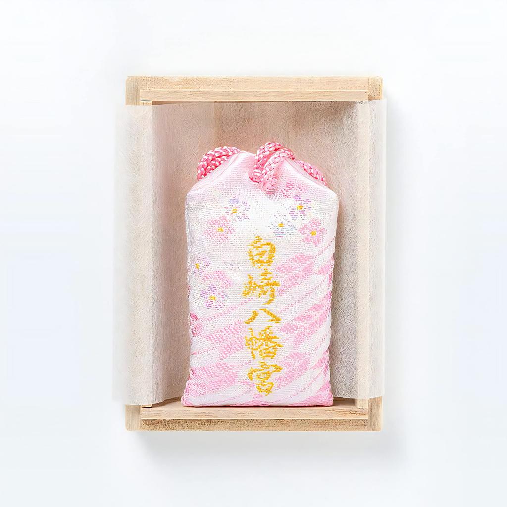 Pink charm for success in in a paulownia wood blessed at Shirasaki Hachimangu Shrine exams, high-quality box,