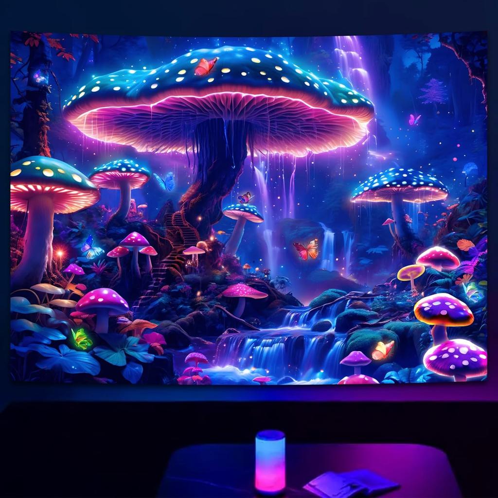SparkLia Blacklight Mushroom Forest Tapestry - UV Reactive Glow in the Dark Fantasy Waterfall Wall Hanging, Colorful Neon Mushroom Landscape Art