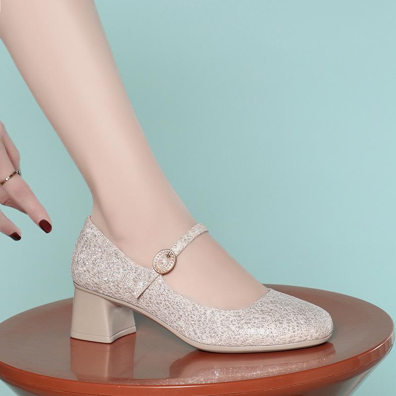 5cm Atmungsaktiv Bequem Flach Gold Bling Hochzeitsschuhe Damen Pumps 2025 Trend Frühling Mittel Blockabsatz Schuhe für Büro Model
