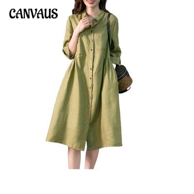 Vestido de camisa de algodão e linho elegante plus size para mulheres primavera e verão vestidos de cor sólida