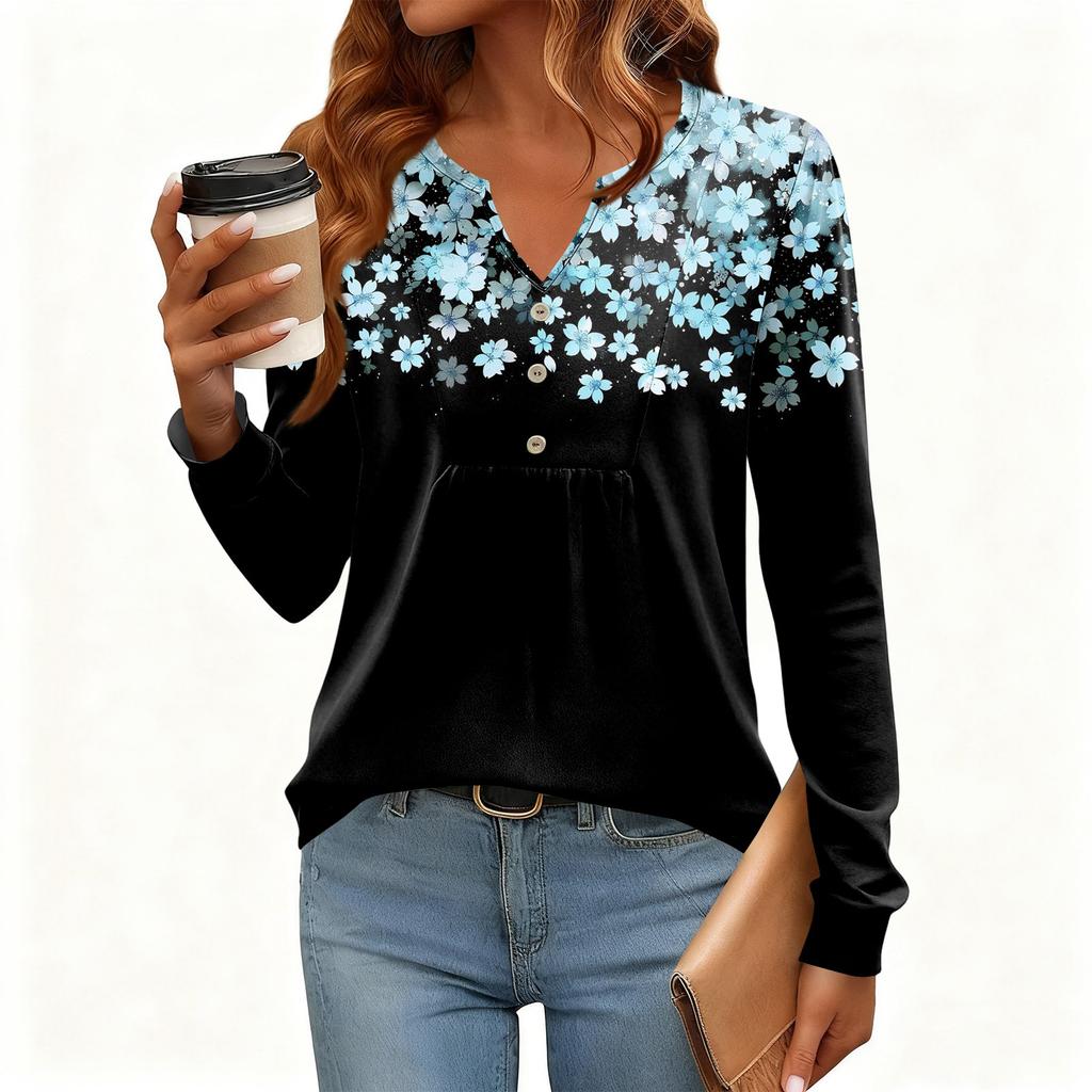 Tricou Pulover de Damă, Croială Relaxată, Gât în V, Culoare Vintage, Blocuri de Culoare cu Imprimeu Floral, Mânecă Lungă