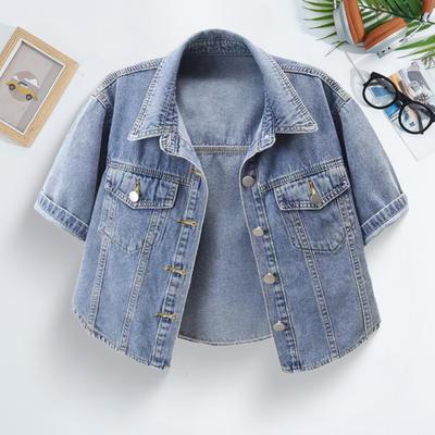 Women's Cropped Denim Jackets Lapel Button Down Trucker Jean Jackets Summer Short Sleeve Casual