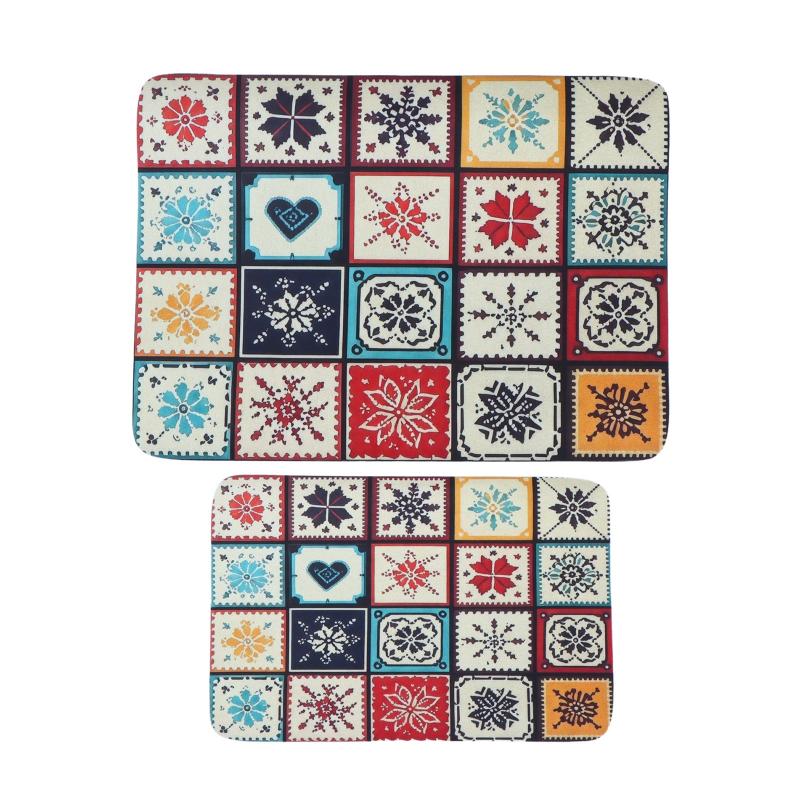 Bohemian Tile Pattern Non Slip Kitchen Drying Mat Water Resistant Countertop Dish Draining Pad for Small Cafe Use