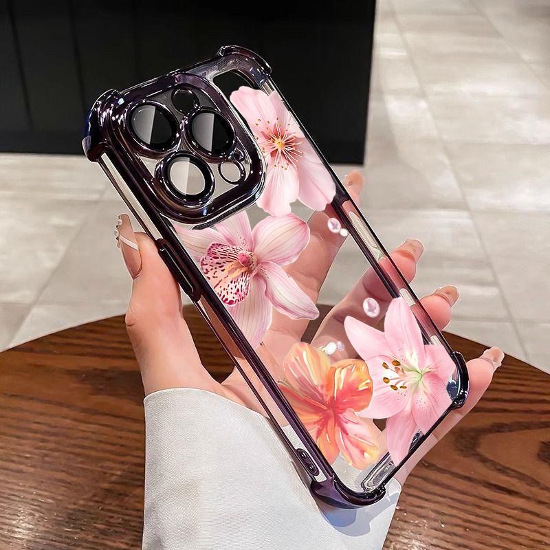 Case For iPhone 14 13 Pro Max 6 7 8 Plus 17 Air X XR XS Max Plating Violet Flowers Shockproof Transparent Soft Cover