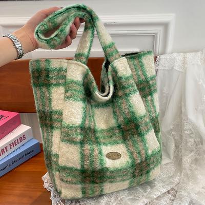 Striped Plush Bag Women's Autumn New Trendy Fashion College Style Tote Bag Casual Large-capacity Woolen Bag
