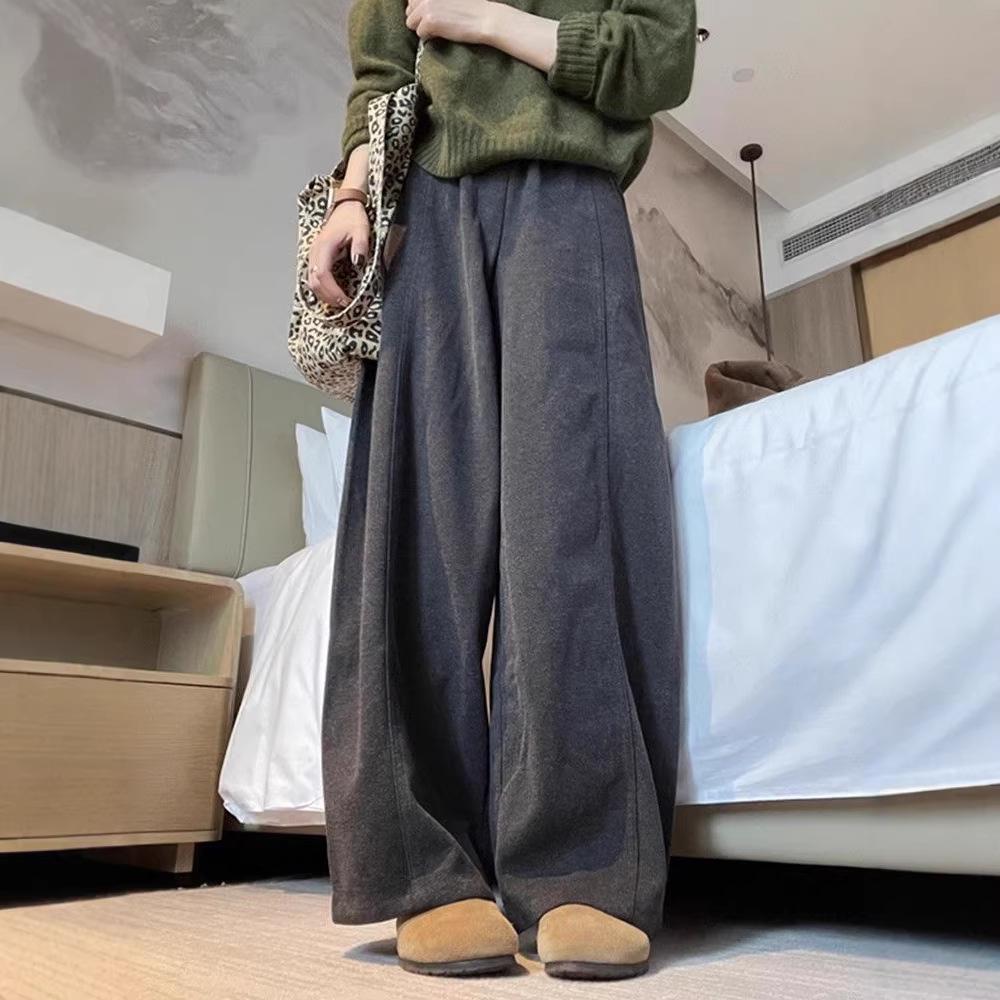 

Gray Plus Size Wool Wide-Leg Straight Pants for Women - Autumn/Winter Loose Fit, Slimming, Casual L темно-сірий