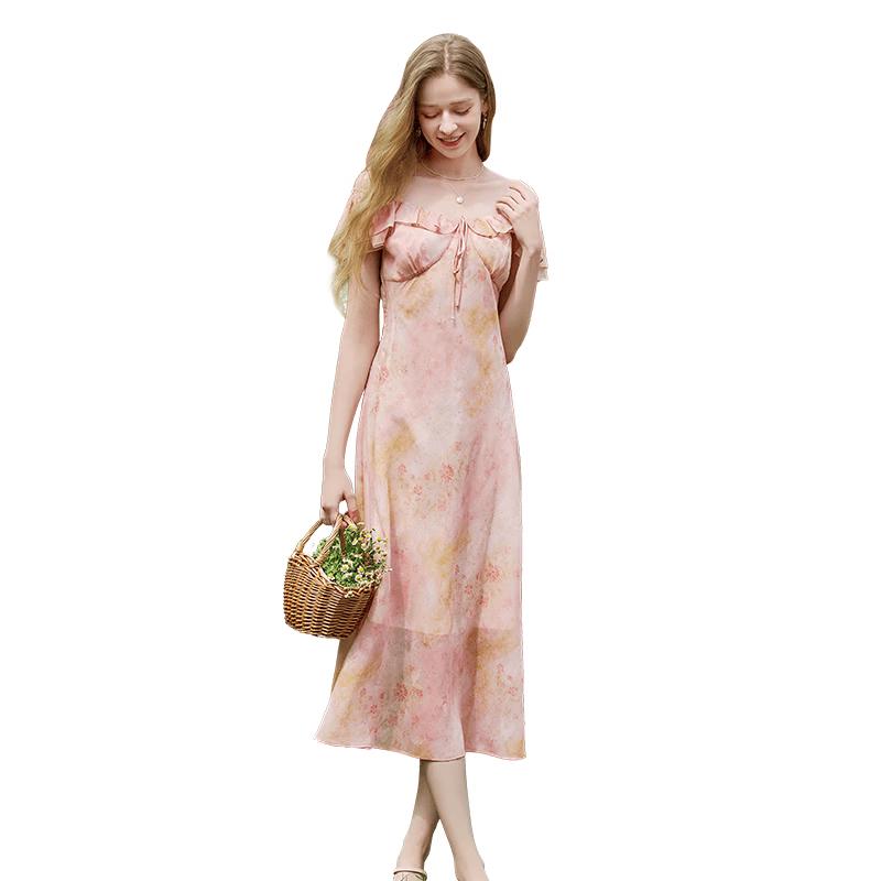 Elegant Floral Ruffle Chiffon Maxi Dress L