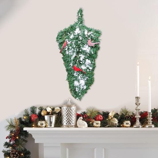 Artificial Christmas Teardrop Swag 20" Faux Pine Greenery Teardrop Wreath with Fake Snow And Red Birds Ornament for Xmas Door Fireplace Table