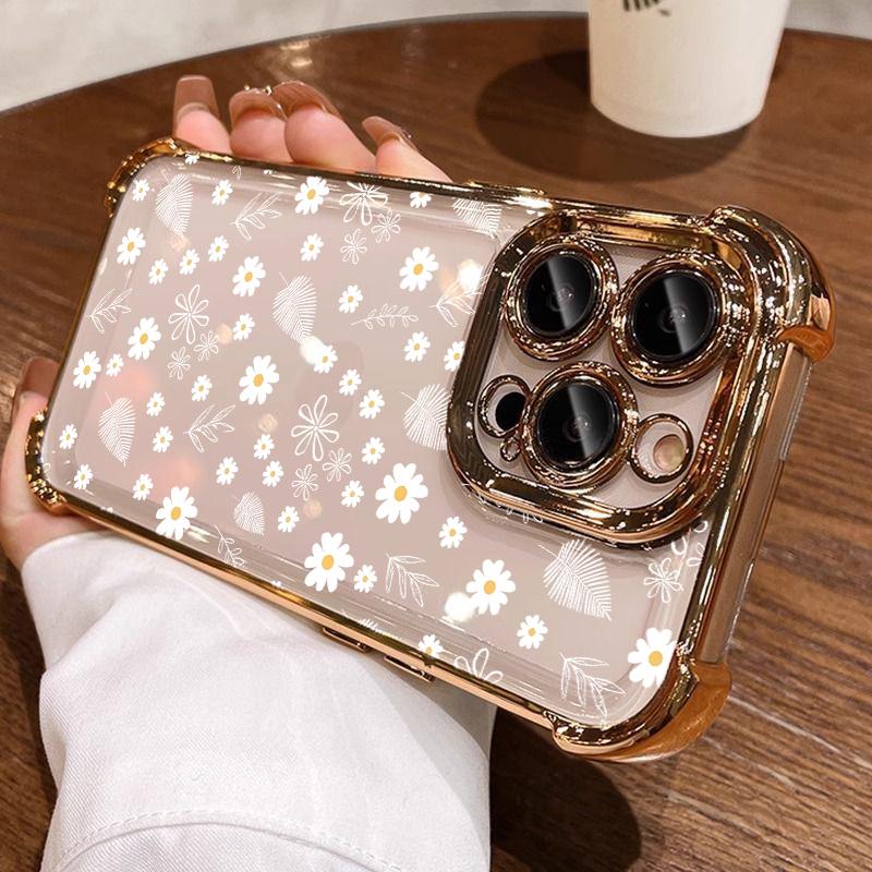 Cute Smile Daisy Flower Print Clear Case for Samsung Galaxy S25 FE S26 Edge S24 S22 S23 S21 Plus Note 20 Ultra Plating TPU Cover