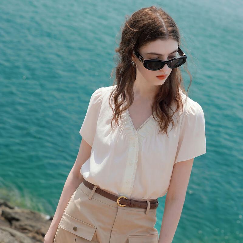SanCai Women's V-Neck Loose Acetate Short-Sleeve Blouse