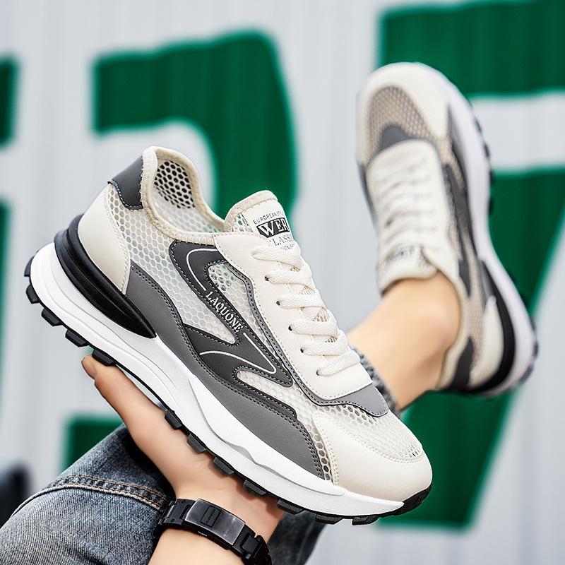 

Men s shoes spring and summer 2025 new breathable thin sports mesh casual shoes men s hollow thick-soled wear-resistant dad shoes 44 бежевий