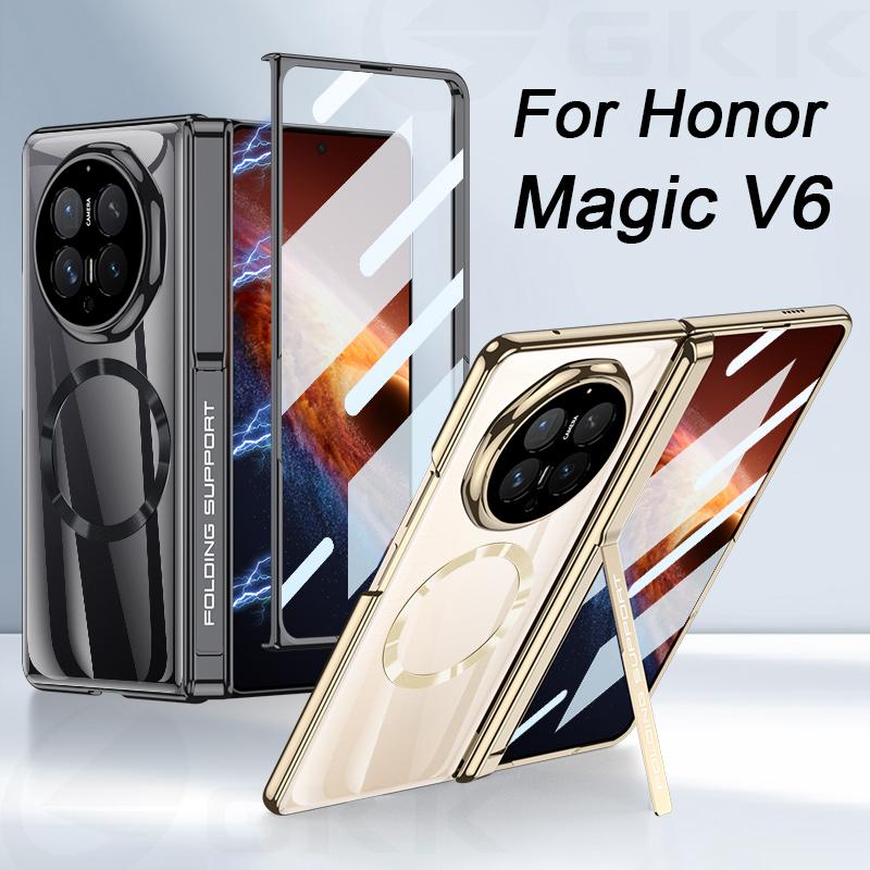 Magnetic Hinge Holder Plating Case For Honor Magic V6 Front Screen Glass Wireless Charge Plastic Clear Cover For Magic V5 Case