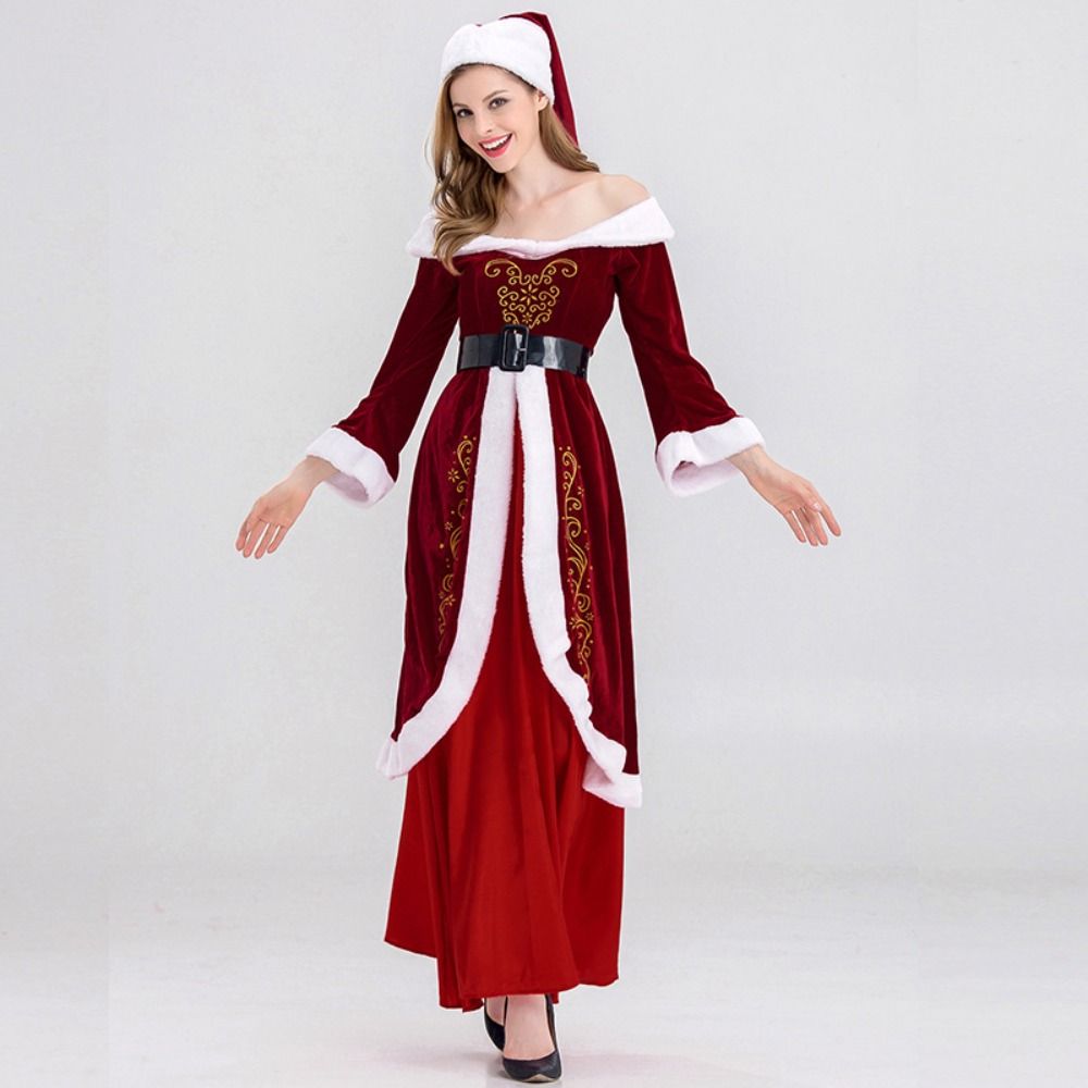 Dress Christmas Cosplay Cloth Hat Women Evening Dress Elegant Santa Claus Cosplay Costume  Adults