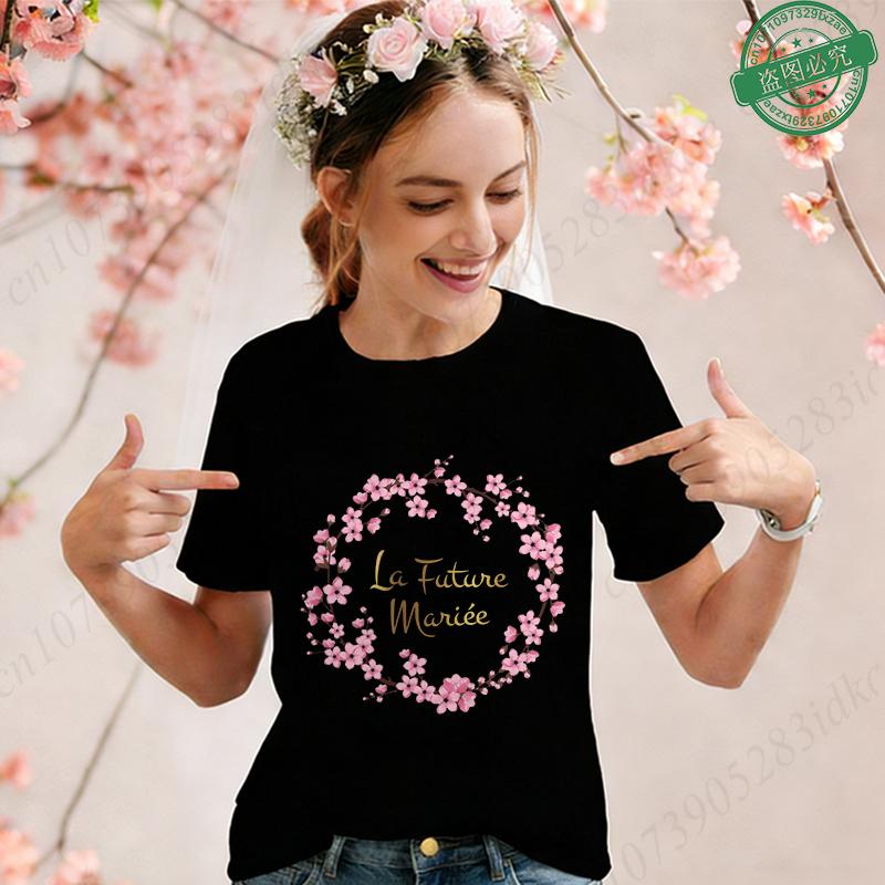 

Future Bride Team Matching TShirts Cherry Blossom Graphic Tees Short Sleeve O Neck Tops for French Bachelorette Party EVJF S
