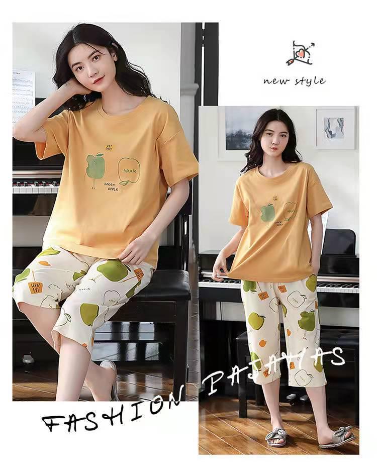 Korean Style Women's Summer Pajama Set – Imitation Cotton, Short Sleeve, Capri Pants, Thin, Cute, Plus Size