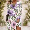 Women Floral Printed Criss Cross V Neck Long Sleeve Curved Hem Dress