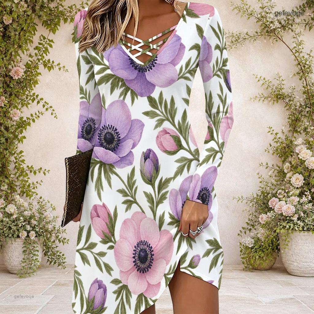 Women Floral Printed Criss Cross V Neck Long Sleeve Curved Hem Dress
