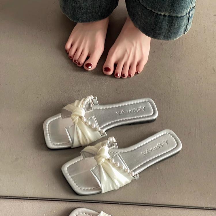 Fashion Shoes Woman 2025 Big Size Slippers For Swimming Pool Luxury Slides String Bead Beach Designer Flat Shoes Woman 2025 Slippers For