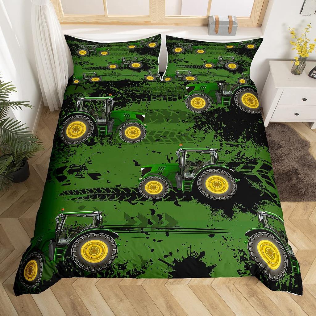 Truck Excavator Duvet Cover Set Queen Size For Kids Nursery Cartoon Tractor Engineering Vehicle Construction Theme Bedding Set