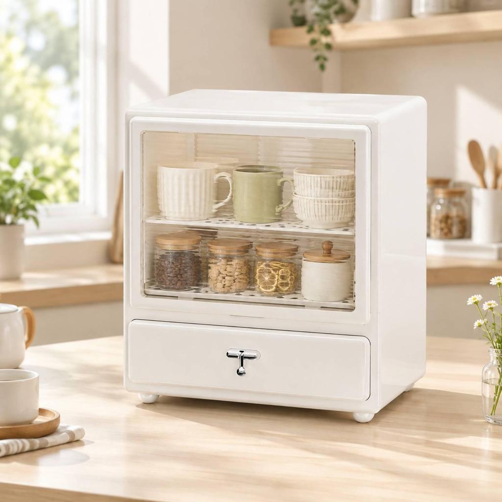 Enclosed Countertop Organizer with Transparent Front Door DustResistant Ventilated Cup Storage