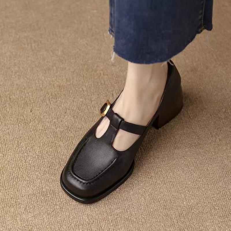 Fashion New Fashion Women's T Strap Leather Chunky Oxford Shoes Brown Mid Heels Square Toe Designer Pumps Black Sewing Dress Shoes