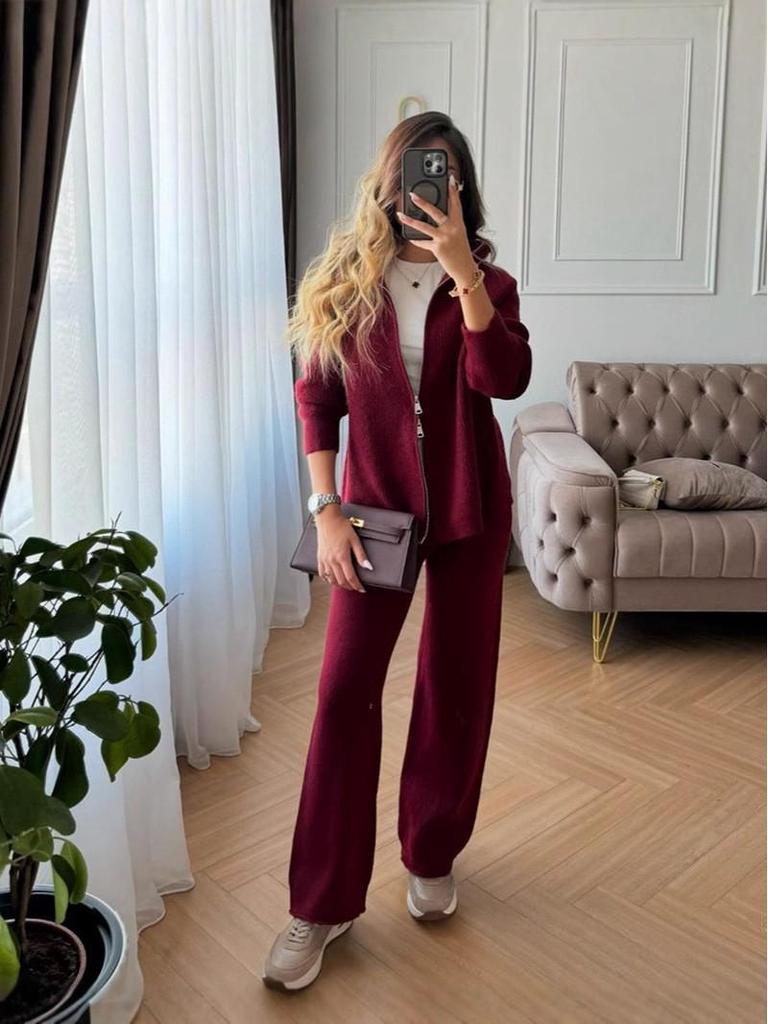 Women's European & American Style Thick Knit Zipper Cardigan Sweater + Wide-Leg Pants Two-Piece Set for Autumn/Winter