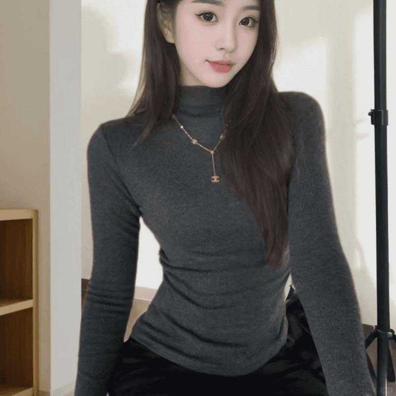 Autumn Winter Half High Collar Solid Slim Bottomed Tee Women Long Sleeve Casual All-match Pullover T-shirt Top