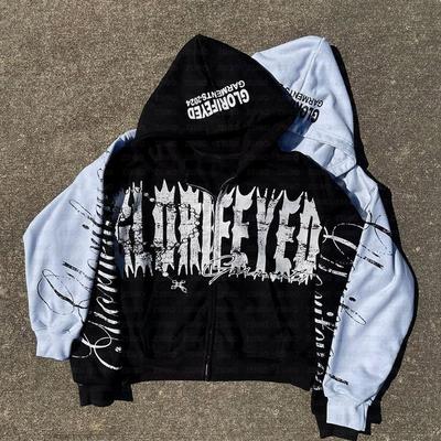 Y2K Letter Pattern Zipper Print Autumn Long Sleeved Retro Street Hoodie