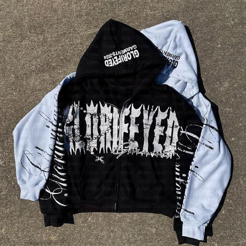 Y2K Letter Pattern Zipper Print Autumn Long Sleeved Retro Street Hoodie