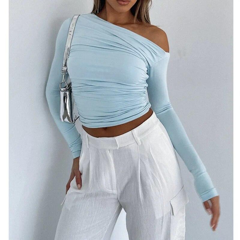 Fashion Slim Fit Skew Collar T-shirts Women Solid Pleated Off-the-Shoulder Crop Tees Tops Casual Elegant White T Shirt  30646