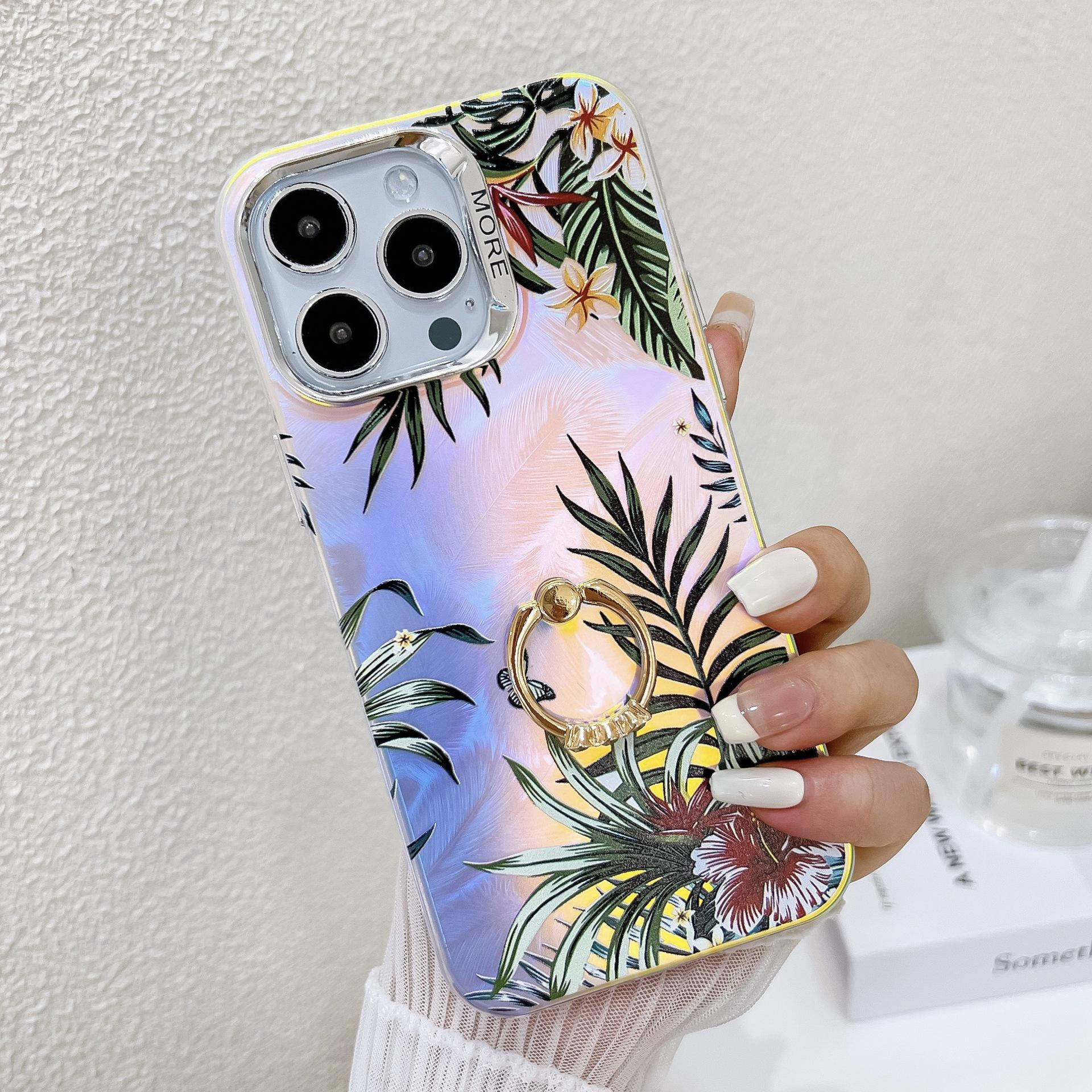 

For IPhone16ProMax Mobile Phone Case for Apple 15 Ring Holder Electroplated Laser Anti-fall 14 Flower Hard Case For iPhone13Promax