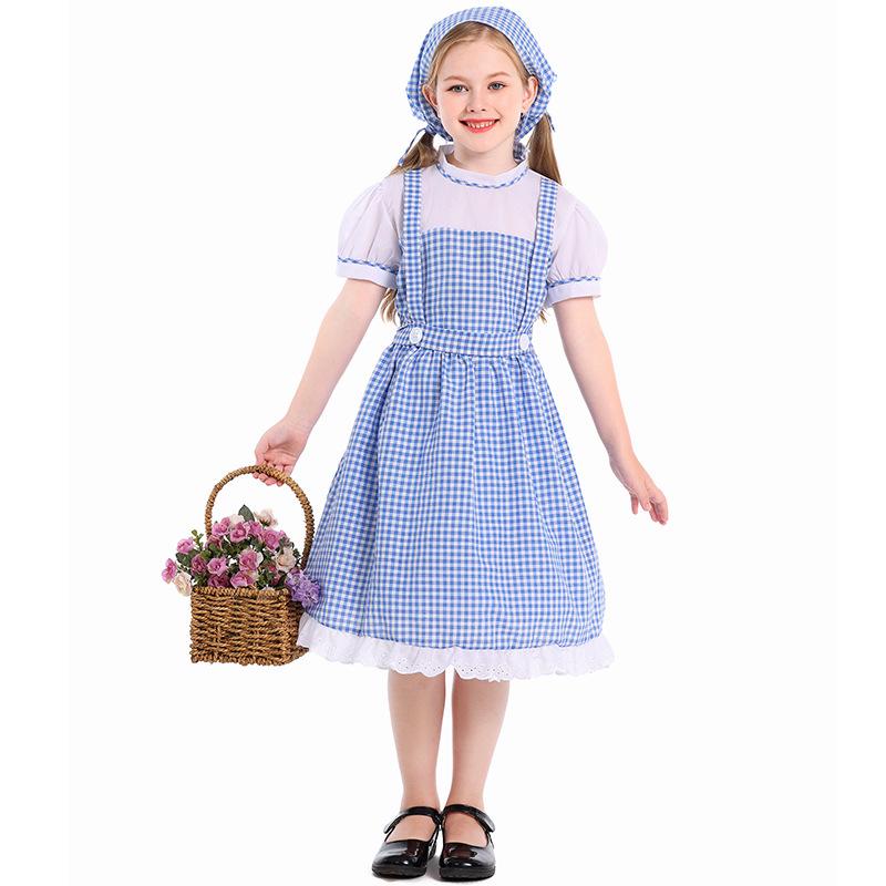 Blue Plaid Halloween Cosplay Costume for Kids with Headscarf & Skirt