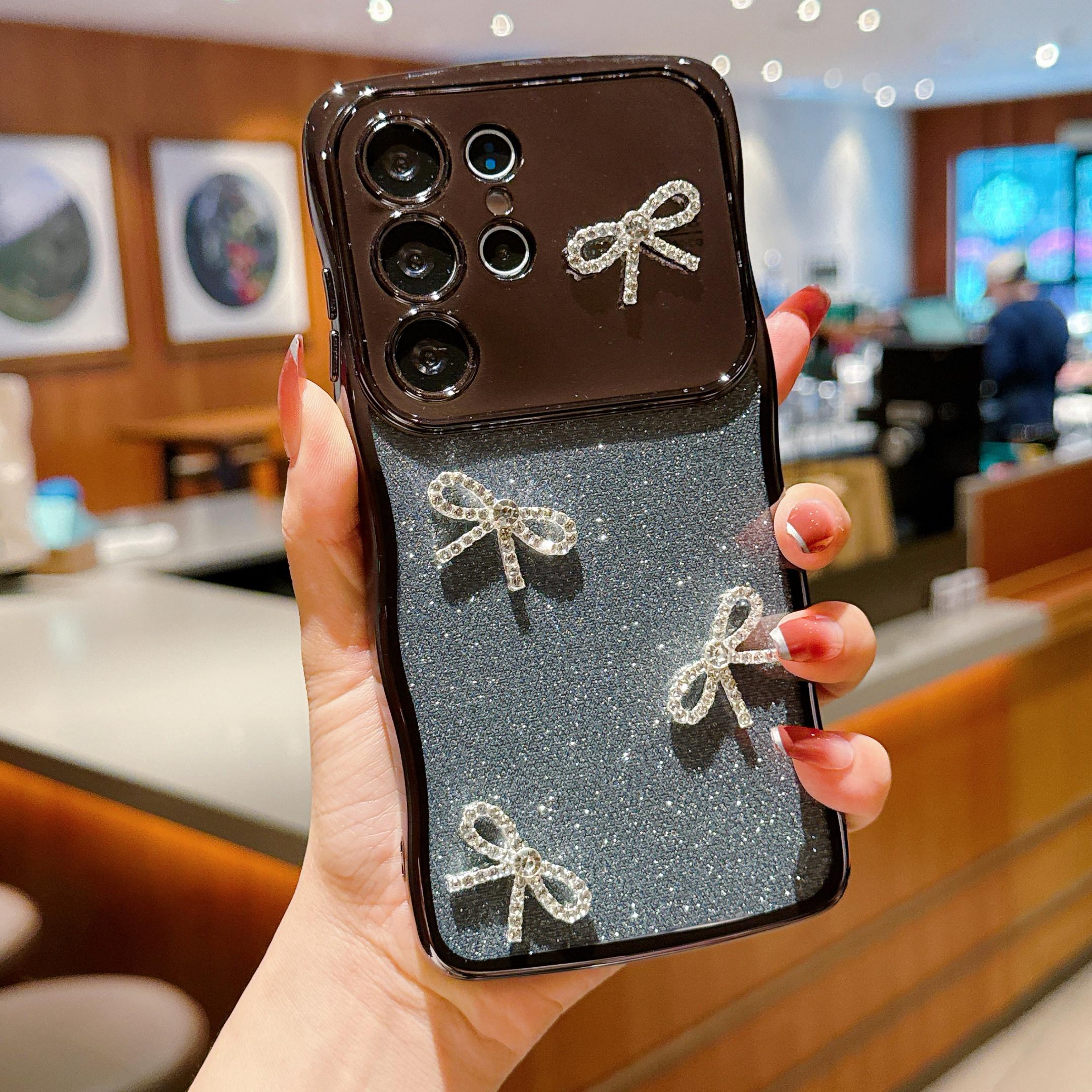 

Чохол для Samsung Galaxy S24 Ultra Електроплатована Хвиляста Рамка Блискуча TPU Накладка для Телефону з Декором у Вигляді Бантика з Стразами Black